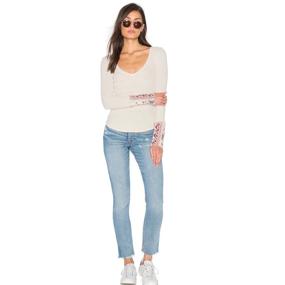 FREE People We the Free Art school cuff V-Neck Thermal Shirt Cream Sz M